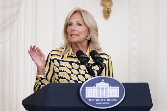 epa10790801 US First Lady Jill Biden delivers remarks during the &#039;Back to School Safely - Cybersecurity Summit for K-12 Schools&#039; in the East Room of the White House in Washington, DC, USA, 0 ...