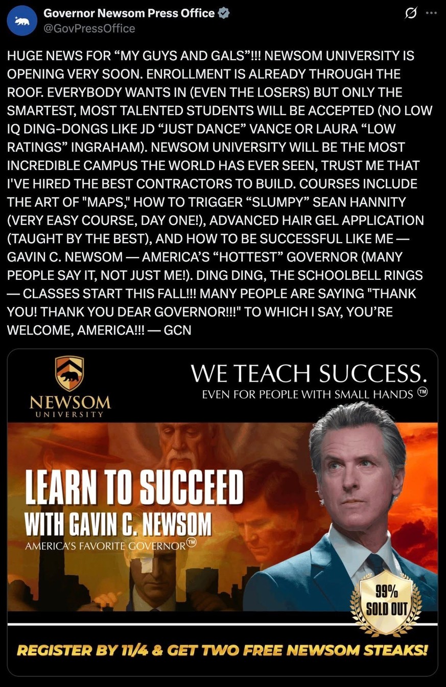 Gavin Newsom macht sich über Trump University lustig