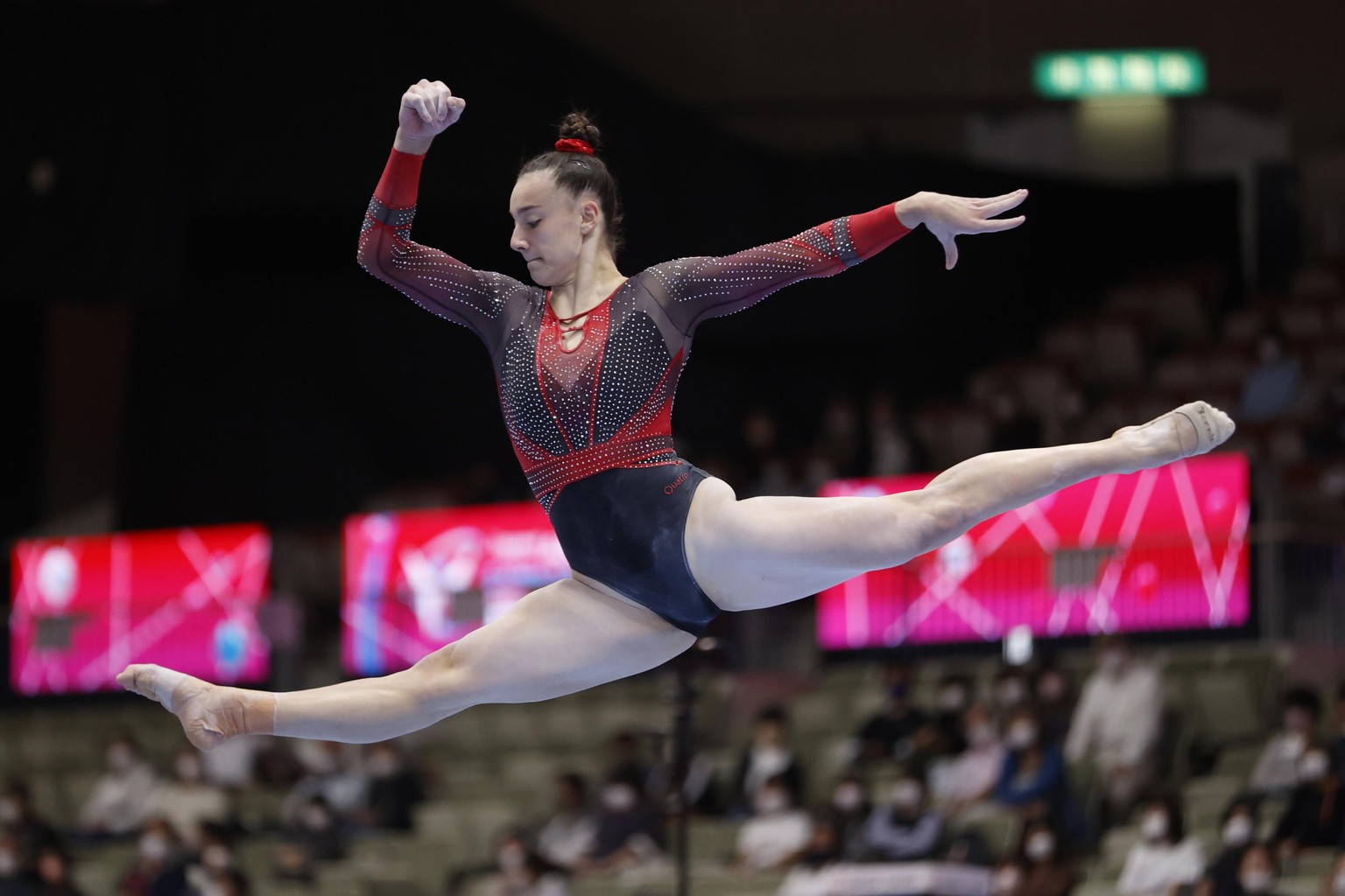 Switzerland&#039;s Lilli Leanne Habisreutinger performs during the preliminary round in the women&#039;s floor exercise at the Artistic Gymnastics World Championships in Kitakyushu, southwestern Japan ...