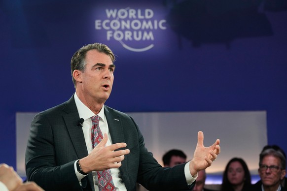 Oklahoma Gov. Kevin Stitt speaks during the Annual Meeting of the World Economic Forum in Davos, Switzerland, Wednesday, Jan. 21, 2026. (AP Photo/Markus Schreiber)
Switzerland Davos