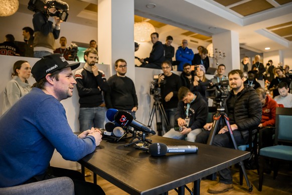 Beat Feuz of Switzerland speaks during the Swiss-Ski federation press conference at the Alpine Skiing FIS Ski World Cup in Wengen, Switzerland, Wednesday, January 11, 2023. (KEYSTONE/Jean-Christophe B ...