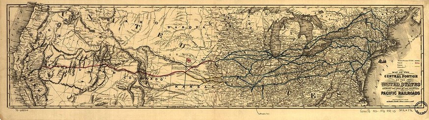 1868 endete die Eisenbahnlinie nach Westen in Omaha. Erst ein Jahr später war es möglich, mit dem Zug von Küste zu Küste zu reisen.
https://www.loc.gov/resource/g3701p.rr000150/?r=-0.044,-0.097,1.111, ...