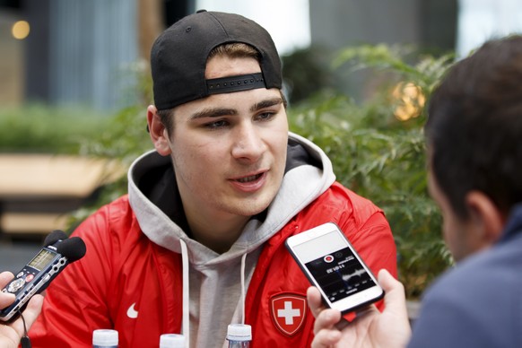 Switzerland&#039;s forward Timo Meier speaks to the journalists, during the media opportunity of the Switzerland National Ice Hockey Team a training session, at the IIHF 2018 World Championship, in Co ...