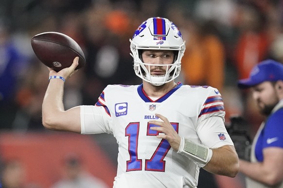 Buffalo Bills quarterback Josh Allen throws before an NFL football game against the Cincinnati Bengals, Monday, Jan. 2, 2023, in Cincinnati. (AP Photo/Joshua A. Bickel)