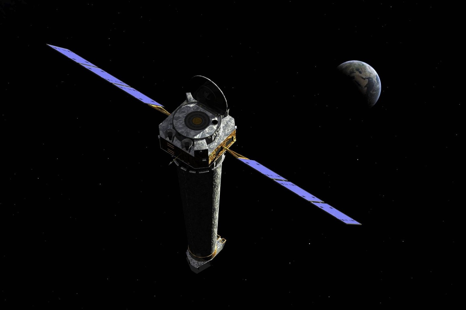 NASA s Chandra X-ray Observatory as it may appear at about 50,000 miles from the Earth, nearly twice as high as Earth-orbiting geosynchronous satellites. In this image the Chandra X-ray Observatory re ...