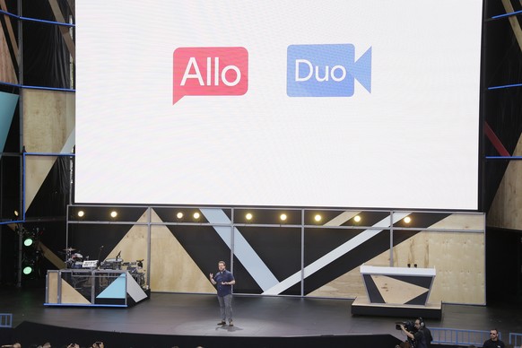 Google engineering director Erik Kay talks about the new Allo messaging app and Duo during the keynote address of the Google I/O conference, Wednesday, May 18, 2016, in Mountain View, Calif. Google un ...