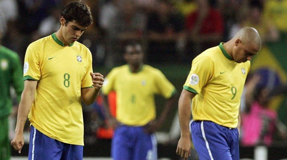 Dejected Brazilian players Kaka (L) and Ronaldo after the quarter final of the 2006 FIFA World Cup between Brazil and France in Frankfurt, Germany, Saturday, 01 July 2006. France won 1-0. EPA/FRANK MA ...