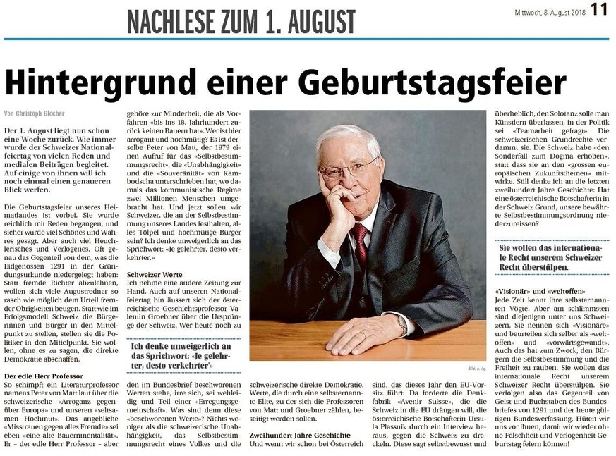 Blochers Gastbeitrag in seinen Gratiszeitungen am 8. August 2018.