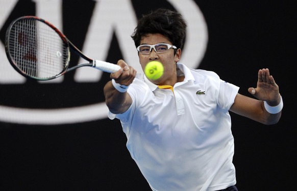 South Korea&#039;s Chung Hyeon hits forehand return to Serbia&#039;s Novak Djokovic during their fourth round match at the Australian Open tennis championships in Melbourne, Australia, Monday, Jan. 22 ...