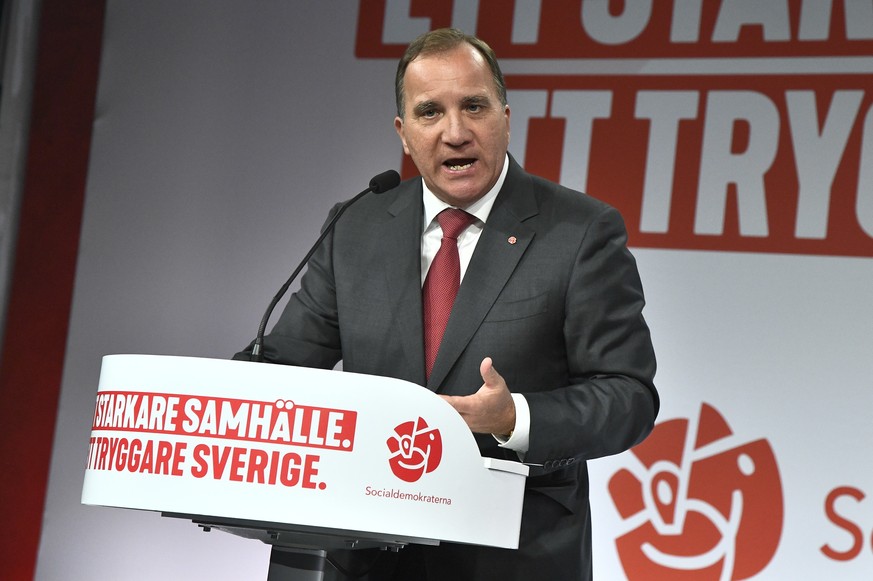 Prime minister and party leader of the Social Democrat party Stefan Löfven speaks at an election party in Stockholm, Sweden, Sunday, Sept. 9, 2018. Preliminary results of the 2018 Swedish parliamentar ...