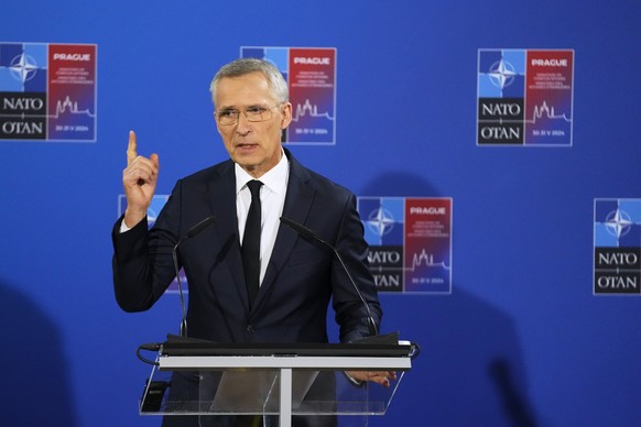 NATO Secretary General Jens Stoltenberg speaks after a meeting of NATO foreign ministers at the Czernin Palace, in Prague, Friday, May 31, 2024. (AP Photo/Petr David Josek, Pool)