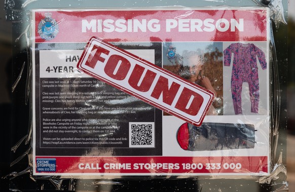 epa09562823 A Missing Person poster for Cleo Smith has a Found sticker placed over it at the police station in Carnarvon, Australia, 04 November 2021. Four-year-old Cleo Smith has been found alive and ...