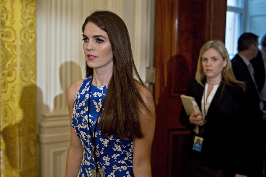 epa06147246 (FILE) - Hope Hicks, then White House director of strategic communications, arrives to a swearing in ceremony of White House senior staff in the East Room of the White House in Washington, ...