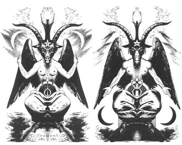 Eliphas Lévi, in «Dogme et Rituel de la Haute Magie» 1854: Es zeigt&nbsp;«Baphomet», ein Dämon mit menschlichem Körper, gehörntem Ziegenkopf, weiblichen Brüsten, Ziegenfüssen und einem Pentagram auf d ...