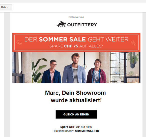 Werbemail von Outfittery: Der potenziell gefährliche Link versteckt sich hinter dem «Gleich Ansehen»-Button in dieser E-Mail an die Outfittery-Kunden.&nbsp;