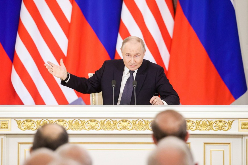 RUSSIA, MOSCOW - MAY 14, 2025: Vladimir Putin, President of Russia, gives a joint press conference following his meeting with Anwar Ibrahim, Prime Minister of Malaysia, at the Moscow Kremlin Moscow Ru ...