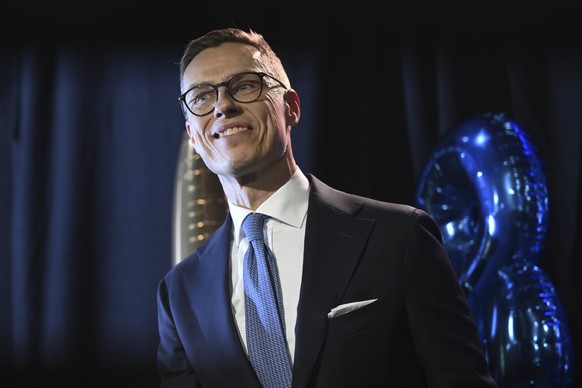 National Coalition Party (NCP) presidential candidate Alexander Stubb reacts as he attends his election reception, in Helsinki, Finland, Sunday, Feb. 11, 2024. Voters in Finland are choosing Sunday be ...