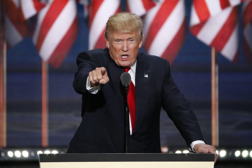 epa05465090 (FILE) A file photo dated 21 July 2016 showing US Republican nominee for President Donald Trump delivering remarks in the Quicken Loans Arena on the final day of the 2016 Republican Nation ...