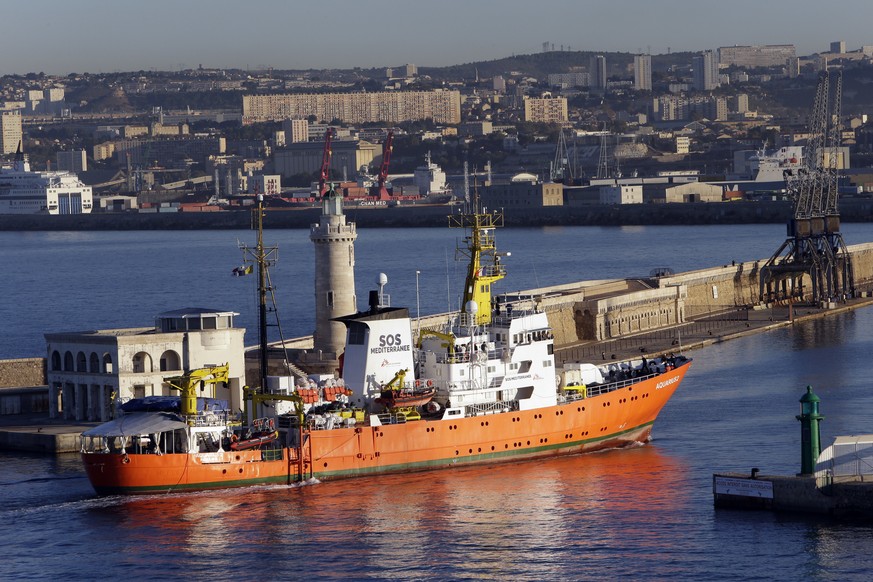 The Aquarius arrives at Marseille port, southern France, Thursday, Oct.4, 2018. Humanitarian group SOS Mediterranee said Thursday the Aquarius is making a stopover while waiting for a new flag and is  ...