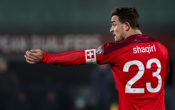 Switzerland&#039;s midfielder Xherdan Shaqiri reacts during the 2022 FIFA World Cup European Qualifying Group C soccer match between Lithuania and Switzerland at LFF stadium in Vilnius, Lithuania, Tue ...