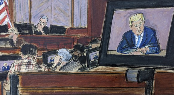 In this courtroom sketch, Donald Trump&#039;s deposition videotape is played on a large screen, right, for the jury, lower left, with Judge Lewis Kaplan presiding in Manhattan federal court, Wednesday ...