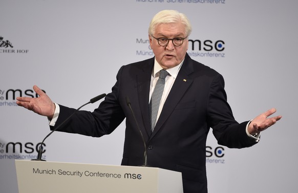 German President Frank-Walter Steinmeier speaks at the opening session on the first day of the Munich Security Conference in Munich, Germany, Friday, Feb. 14, 2020. (AP Photo/Jens Meyer)b