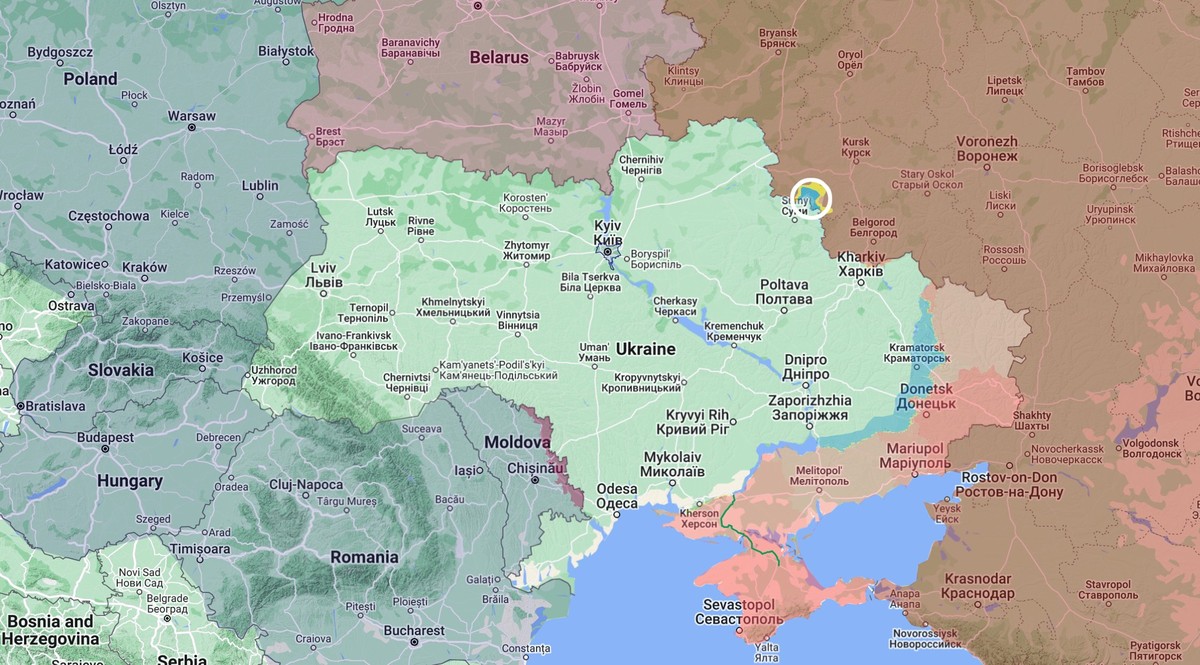 L'Ukraine et les pays qui l'entourent. Près de Sumy (anneau blanc), les troupes ukrainiennes ont pénétré en territoire russe le 6 août.