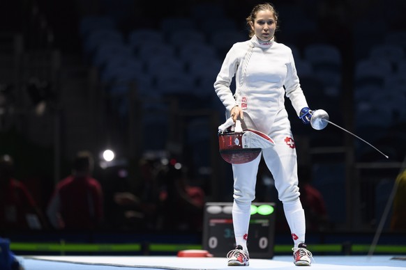 Tiffany Geroudet of Switzerland before competing against Rayssa Costa from Brazil in the women&#039;s epee individual round of 64 in the Carioca Arena 3 in Rio de Janeiro, Brazil, at the Rio 2016 Olym ...