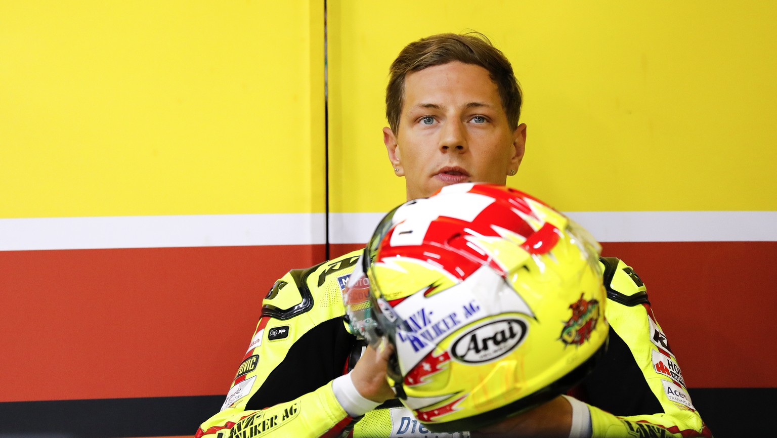 epa07103886 Swiss Moto2 rider Dominique Aegerter of Kiefer Racing prepares for a free practice session for MotoGP Motorcycling Grand Prix of Japan at Twin Ring Motegi, Tochigi Prefecture, northern Jap ...