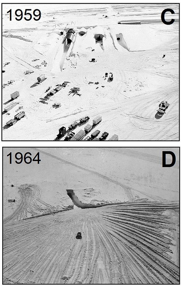 The northeast portal to Camp Century during construction in 1959 (C) and again in 1964 (D; U.S. Government Photos).
https://agupubs.onlinelibrary.wiley.com/doi/full/10.1002/2016GL069688
