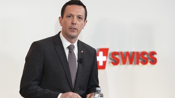 Jens Fehlinger (Chief Executive Officer) of Swiss International Air Lines speaks at the annual media conference of Swiss International Air Lines, on Friday, 6 March 2026 in Kloten. (KEYSTONE/Gaetan Ba ...