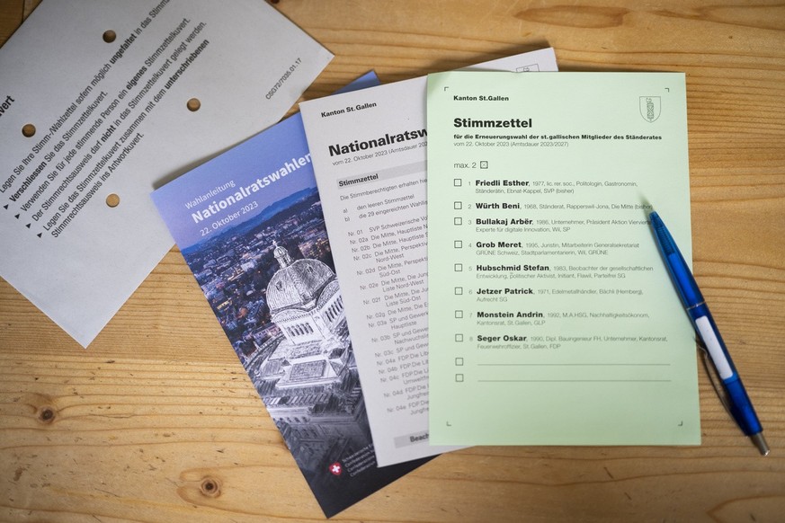 Unterlagen fuer die National- und Staenderatswahlen im Kanton St. Gallen, aufgenommen am Montag, 9. Oktober 2023, in Valens. (KEYSTONE/Gian Ehrenzeller)