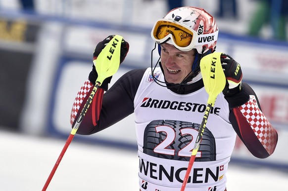 Ivica Kostelic of Croatia reacts after crossing the finish line during the Slalom run of the men&#039;s Super Combined, SC, race of the FIS Alpine Ski World Cup season at the Lauberhorn, in Wengen, Sw ...