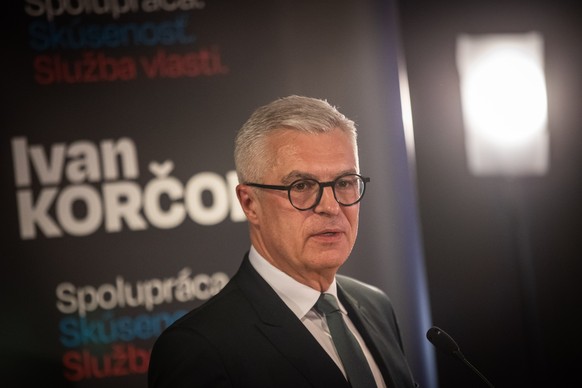 epa11240071 Presidential candidate Ivan Korcok speaks to journalists at his election headquarters while waiting for the results of the first round of Slovak presidential election in Bratislava, Slovak ...