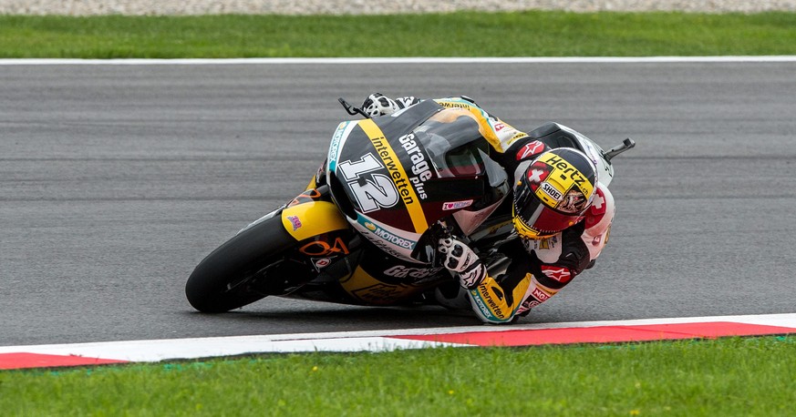 epa05477179 Swiss Moto2 rider Thomas Luethi of Garage Plus Interwetten Team in action during the second free training for the Motorcycle World Championship Grand Prix Austria at the Spielberg Ring in  ...