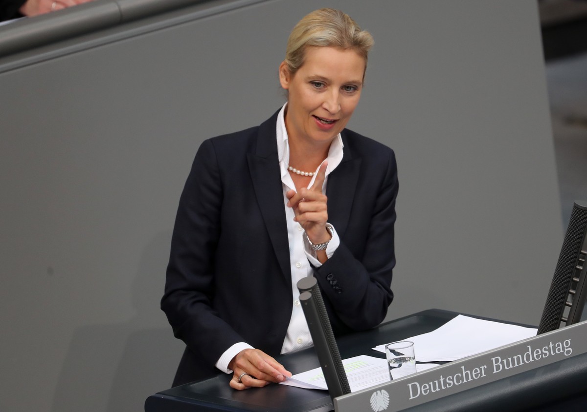 epa07834219 Bundestag faction co-chairwoman of the Alternative for Germany (AfD) right-wing populist party Alice Weidel speaks during a session of the German parliament 'Bundestag' in Berlin ...