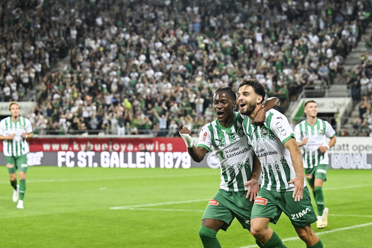 Bastien Toma (St. Gallen), right, and Felix Mambimbi (St. Gallen) celebrate after scoring 3-1 during the UEFA Conference League soccer match between Switzerland?s FC St. Gallen an Kazhakstan?s FC Tobo ...