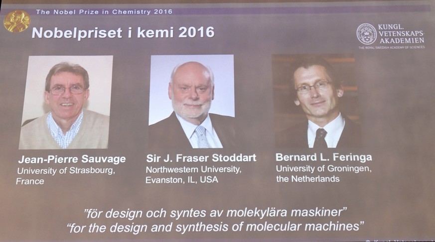 The Royal Academy of Sciences members reveal the winners of the Nobel Prize in Chemistry, at the Royal Swedish Academy of Sciences, in Stockholm, Sweden, Wednesday, Oct. 5, 2016. Jean-Pierre Sauvage,  ...