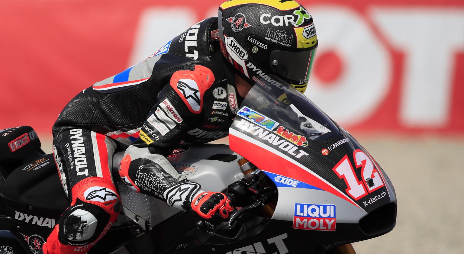 Switzerland&#039;s rider Thomas Luthi of the Dynavolt Intact GP steers his motorcycle at the Moto2 race during the Dutch Grand Prix in Assen, northern Netherlands, Sunday, June 30, 2019. (AP Photo/Pet ...