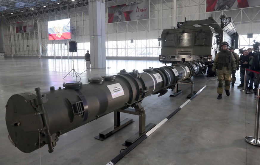 epa07311750 Russian military serviceman stands near the Iskander M Missile complex during a briefing on the issue of creation ground-based cruise missile 9M729 at Patriot military exhibition center in ...