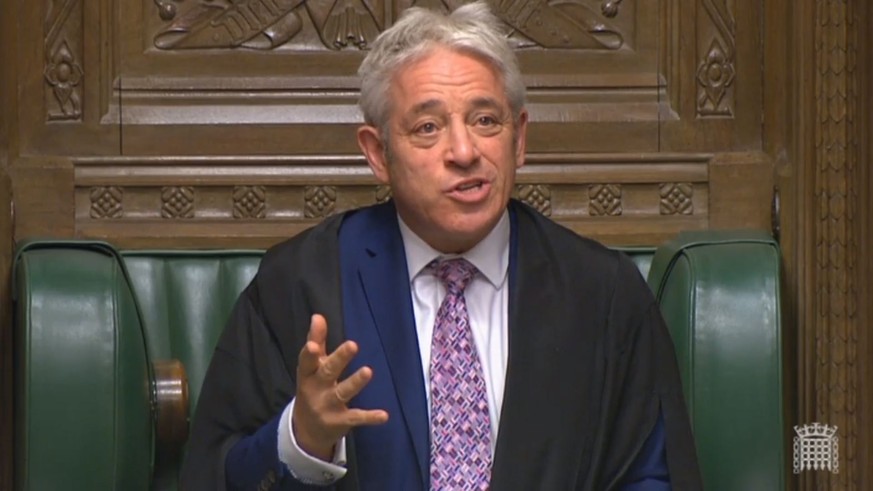 epa07962932 A grab from a handout video made available by the UK Parliamentary Recording Unit shows John Bercow on his last day as Speaker of the House of Commons in London, Britain, 31 October 2019.  ...