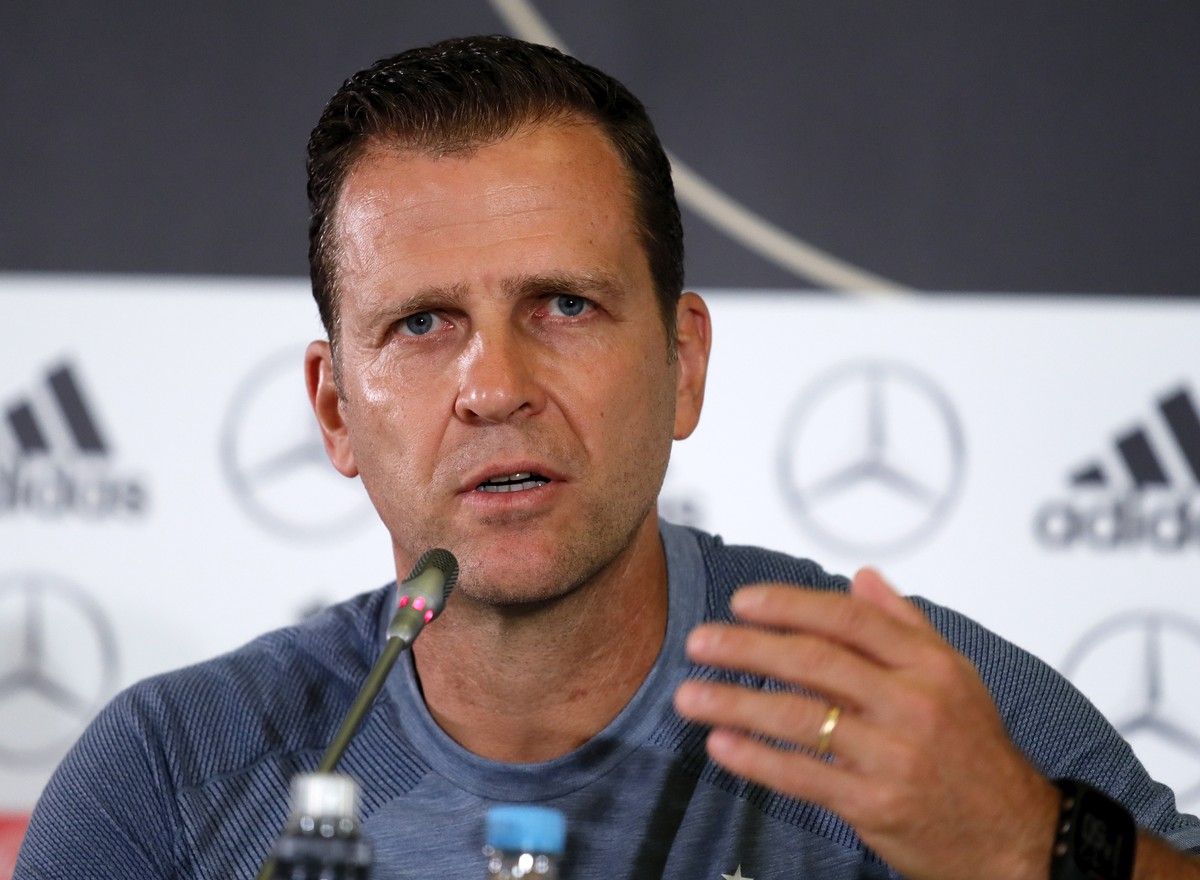 epa06823796 Germany's soccer national team manager Oliver Bierhoff speaks during a press conference in Adler Sochi, Russia, 20 June 2018. Germany will face Sweden in the FIFA World Cup 2018 Group ...