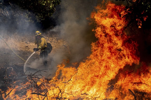 A firefighter sprays water while battling the Oak Fire in Mariposa County, Calif., on Saturday, July 23, 2022. (AP Photo/Noah Berger)