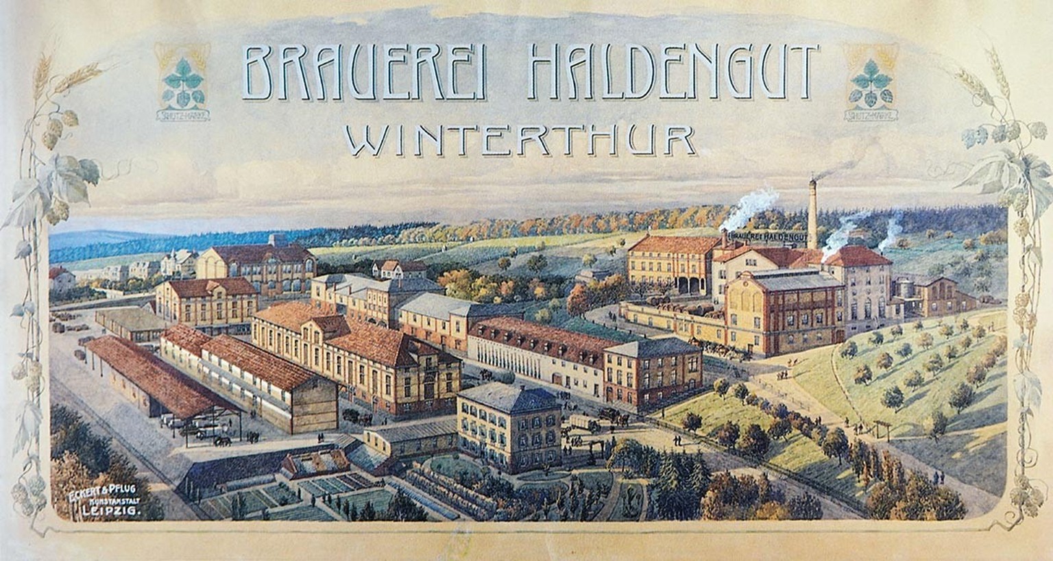 Gemälde einer Luftansicht der Brauerei Haldengut, um 1906.
https://commons.wikimedia.org/wiki/File:1906_Haldengut_Luftansicht_gemalt_3.jpg