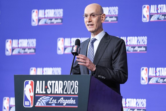 epa12741004 Adam Silver, Commissioner of the National Basketball Association, talks during media day as part of NBA All Star Saturday Night at the Intuit Dome in Los Angeles, California, USA, 14 Febru ...