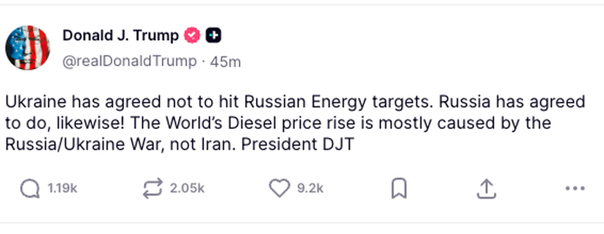 Trump Truth Social Energie Ukraine Russland
