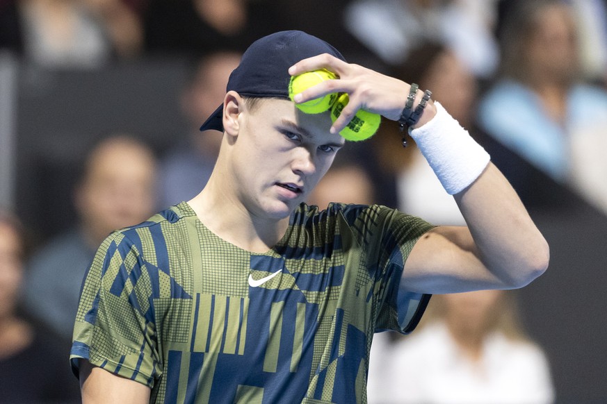 epa10275385 Holger Rune of Denmark reacts during the final match against Felix Auger-Aliassime of Canada at the Swiss Indoors tennis tournament in Basel, Switzerland, 30 October 2022. EPA/ALEXANDRA WE ...