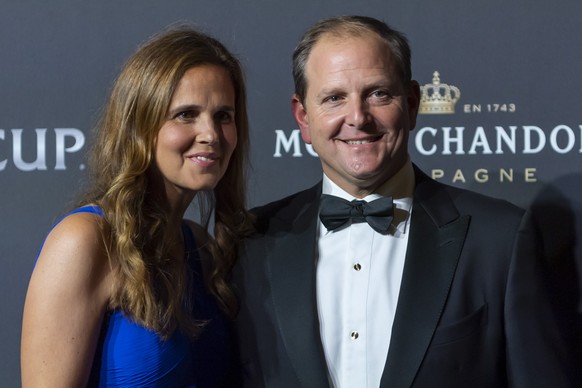 Tony Godsick, right, agent of Roger Federer and President and CEO of TEAM8 and Chairman of the Laver Cup and his wife Mary Joe Fernandez, left, poses for photograph on the red carpet at Gala night, du ...
