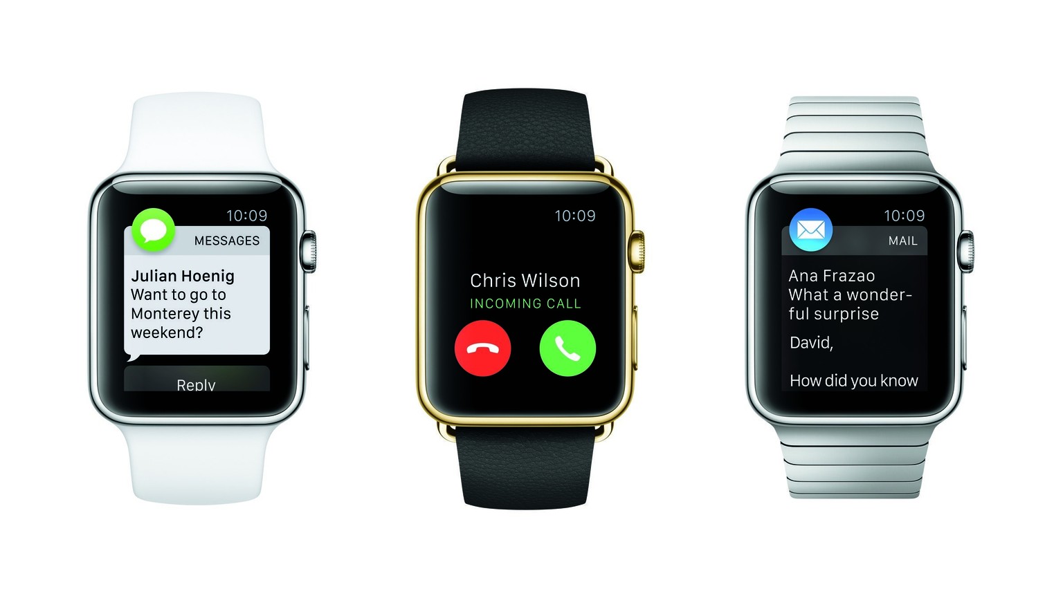Die Apple Watch ist in zwei verschiedenen Grössen, 38 Millimeter und 42 Millimeter, und drei verschiedenen Kollektionen verfügbar – Apple Watch Sport (links), Apple Watch Edition und Apple Watch (rech ...