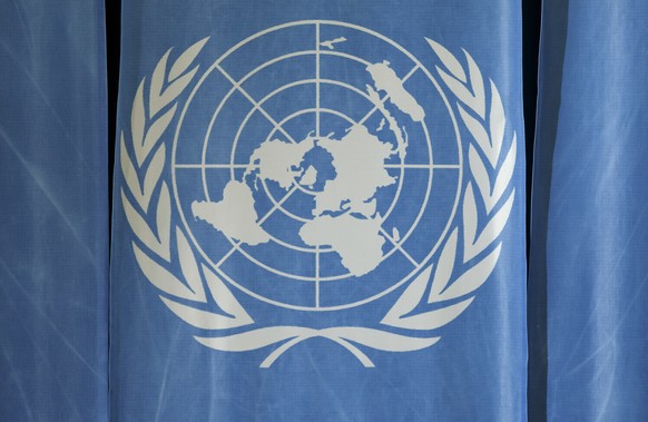 The UN logo is pictured prior a press conference of UNCTAD in the room 1, at the European headquarters of the United Nations in Geneva, Switzerland, Friday, January 18, 2019. (KEYSTONE/Salvatore Di No ...